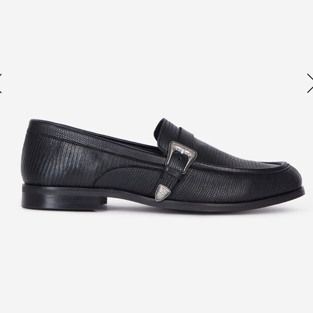 THE KOOPLES BLACK LEATHER LOAFERS WITH WESTERN BUCKLE, NWB